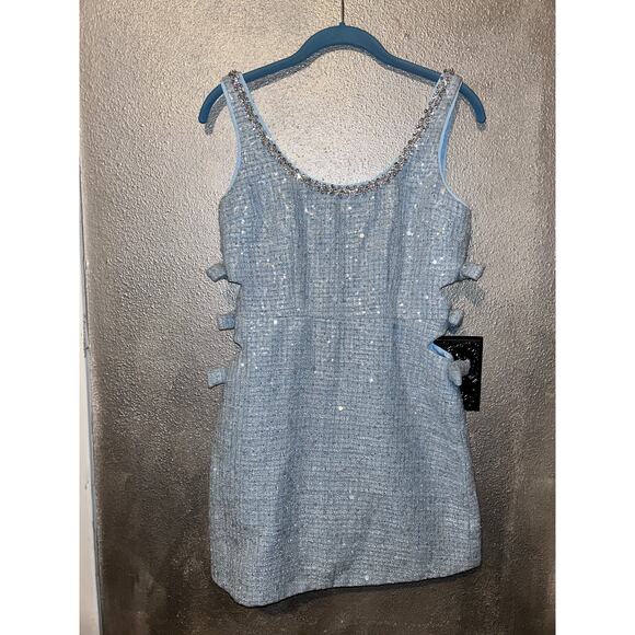 Self-Portrait Cocktail Wedding Prom Powder Blue Tweed Sequin Beaded Mini Dress - Picture 1 of 11